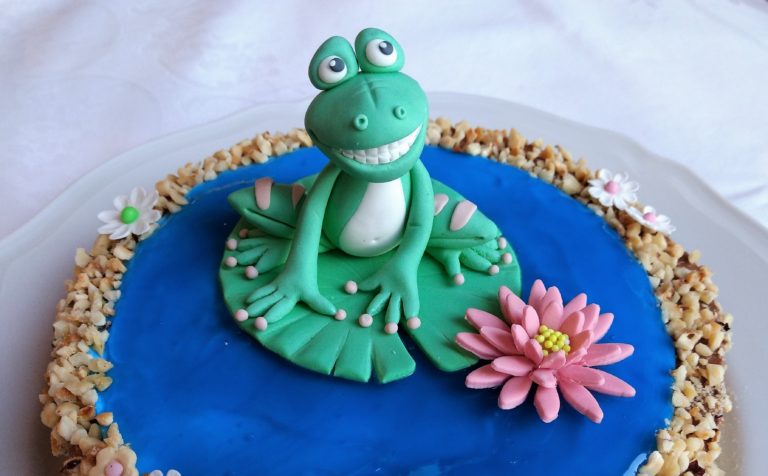 Froschtorte mit Froschfigur und Teich aus Piping Gel Olga Bäumler